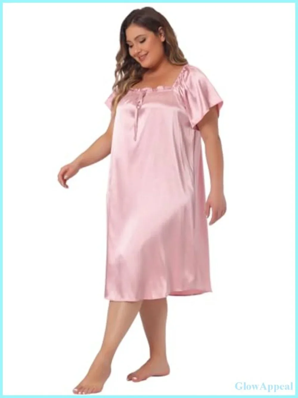 Plus Size Satin Nightgown Pleated Loose Sleepwear with Short Sleeves